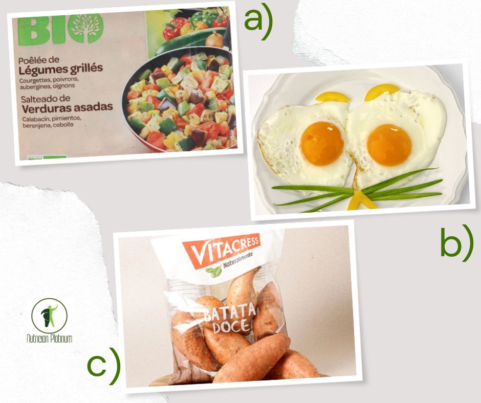 Verduras asadas con huevos a la plancha y boniatos.